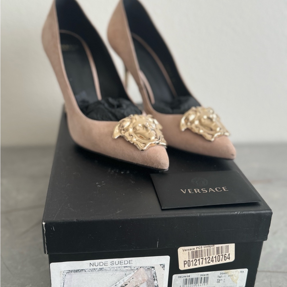 Versace Beige Heels with Gold Medusa Detail - Picture 2 of 3